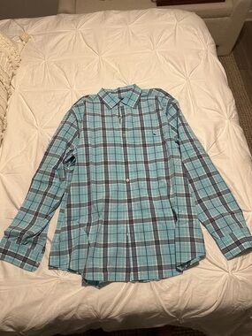 Vineyard Vines Aqua and Navy Plaid Button-Down Shirt